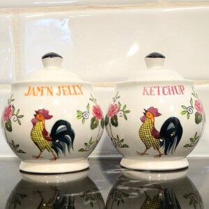 VTG Roosters & Roses Jelly Ketchup Jars  Early Provincial Ucago Japan condiments